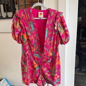 FARM Rio Pink Tropical Print Romper with belt